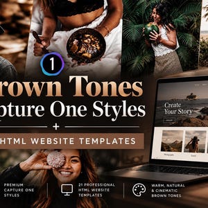 Puede incluir: Un paquete de productos digitales que incluye estilos Capture One en tonos marrones y 21 plantillas de sitios web HTML. La pantalla muestra un portátil con una interfaz web, rodeado de varias fotografías de estilo de vida con tonos marrones.