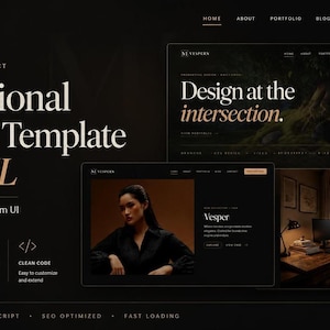 May include: A digital product display for a professional website template in HTML named Vespern. The dark-themed layout features white and tan text, including the phrase Professional Website Template in HTML, with previews of web pages showing imagery.