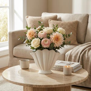 May include: A white ceramic vase shaped like a seashell, filled with a bouquet of peach dahlias, pale pink ranunculus, and cream-coloured roses, accented with green eucalyptus leaves, sitting on a round stone table with a mug and candle.