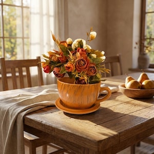 May include: A large orange ceramic teacup planter with a matching saucer, featuring a dark wood-grain texture pattern. The cup is filled with a dense arrangement of artificial flowers in shades of deep red, burnt orange, and cream with green leaves.