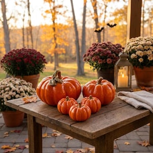 May include: A collection of five orange ceramic pumpkins of varying sizes arranged on a rustic wooden table, accompanied by two potted chrysanthemum plants in red and white, and a metal lantern containing a lit white pillar candle.
