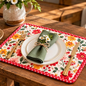 May include: A rectangular quilted placemat featuring a white background with a red, orange, and green floral pattern, topped with a white plate, a folded olive green cloth napkin tied with twine, a gold fork, and a gold knife.