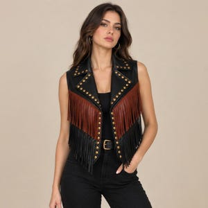 Studded Leather Fringe Vest, Black Rust Brass Notch Lapel, Western Rocker Wear