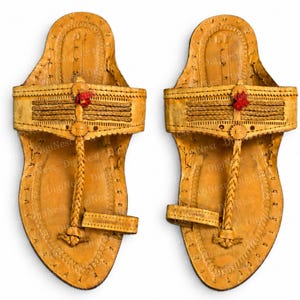 Mens Leather Sandals, Tan Kolhapuri Design with Embossed Toe Loop