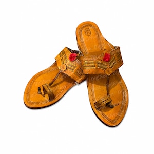 Mens Leather Sandals, Brown Kolhapuri Design with Embossed Toe Loop