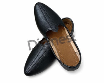 Punjabi Jutti, schwarzer Leder-Slipper mit gepolsterter Innensohle