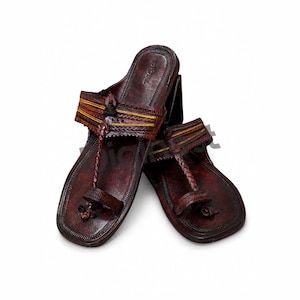 Leather Kolhapuri Chappal, Dark Brown Slip-On Flats with Beadwork