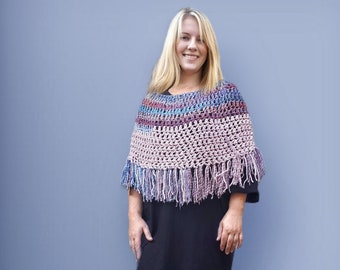 Crochet Bohemian Cape Poncho, Pink Red Blue Acrylic Wrap