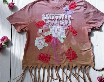 Upcycled Patchwork T-shirt, Floral Applique, Boho Fringe Tee