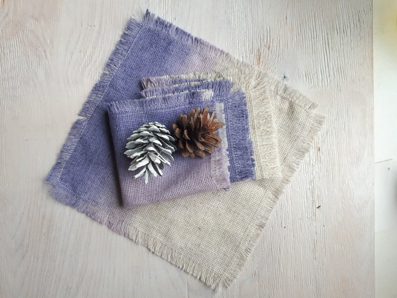 housewarming gift Ombre linen placemats unique gift set of 6 purple hand dyed ombre linen coasters cocktail napkins hand dyed