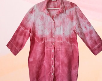 Blusa de lino reciclada, teñida en rosa y blanco, con botones, talla L, rosa