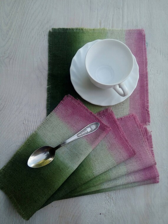housewarming gift Ombre linen placemats unique gift set of 6 purple hand dyed ombre linen coasters cocktail napkins hand dyed