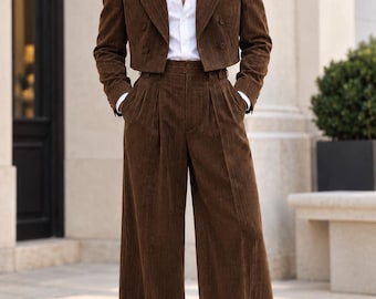 Men's Brown Corduroy Pants, 90s Vintage Wide Leg Pleated Trousers