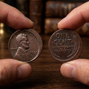 Könnte beinhalten: Zwei Seiten einer kupferfarbenen Ein-Cent-Münze der Vereinigten Staaten aus dem Jahr 1955. Die Vorderseite zeigt das Profil von Abraham Lincoln mit dem Text IN GOD WE TRUST, LIBERTY und 1955. Die Rückseite zeigt ONE CENT, UNITED STATES OF AMERICA.