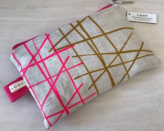 Hand Printed Linen Purse With Zip And Neon Pink And Olive Green CROSSLINES Design