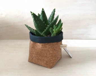 Natural Cork Fabric Planter Bag With Deep Blue Water Resistant Cotton Lining