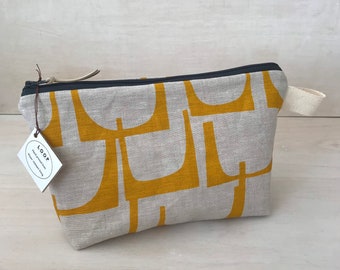 Hand Printed RETRO SHAPES Toiletry Bag With Mustard Yellow Water-Resistant Cotton Lining