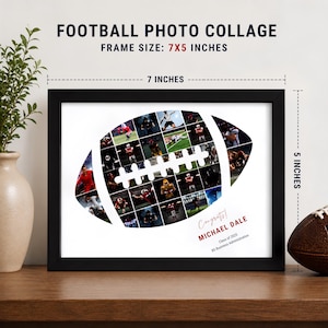 May include: A black framed football photo collage measuring 7x5 inches. The collage features multiple small photographs arranged in the shape of a football, with the text Congrats! MICHAEL DALE, Class of 2025, BS Business Administration.