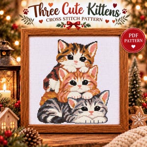Three Kittens Cross Stitch Pattern, Cute Cat Trio PDF (Digital Download)