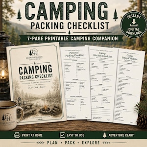 Op de afbeelding: Een 7-pagina tellende printbare camping-inpaklijst met een voorpagina met een bosillustratie en drie binnenpagina's met gecategoriseerde lijsten voor persoonlijke spullen, keukengerei en kampeeruitrusting in crème en donkergroen.