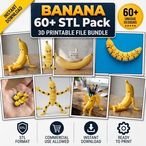 Pode incluir: Um pacote digital de mais de 60 arquivos STL imprimíveis em 3D com várias figuras de bananas amarelas. A coleção inclui personagens de banana articulados em diferentes poses, uma banana com um pequeno barco e um organizador de mesa.