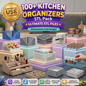 Könnte beinhalten: Eine digitale Sammlung von über 100 Küchenorganisatoren im STL-Dateiformat für den 3D-Druck. Das Bild zeigt verschiedene Kunststoff-Aufbewahrungsboxen, Schubladenteiler, Kosmetik-Organizer und kleine Behälter in Weiß, Grau und Blau.