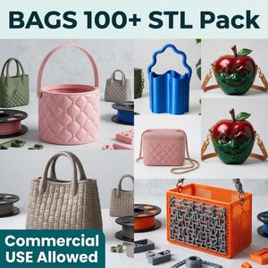 Può includere: Una collezione digitale intitolata BAGS 100+ STL Pack che presenta vari design di borse stampabili in 3D, tra cui una borsa a secchiello rosa trapuntata, una borsa blu con bordi ondulati, due borse a forma di mela con volti, una borsa beige intrecciata e una borsa arancione.