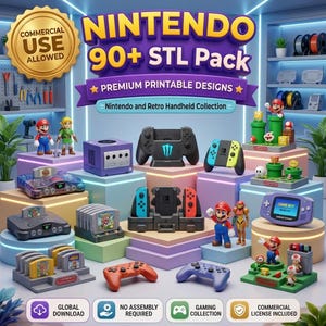 Puede incluir: Una colección digital de más de 90 archivos STL de Nintendo y consolas portátiles retro para impresión 3D. La imagen muestra varias consolas de juegos, mandos y figuras de personajes como Mario y Link, dispuestas sobre plataformas coloridas con texto.