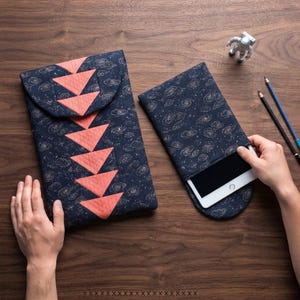 Pode incluir: Uma capa de tecido azul-escuro com estampa de galáxia e uma fileira de triângulos acolchoados na cor coral, ao lado de uma bolsa menor combinando contendo um tablet branco, um pequeno astronauta prateado e dois lápis.