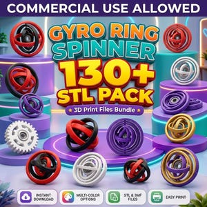 Può includere: Una grafica digitale che mostra un pacchetto di oltre 130 file STL per Gyro Ring Spinner. L'immagine presenta vari oggetti stampati in 3D di forma sferica e a ingranaggio in rosso, nero, viola, bianco e oro su piattaforme circolari.