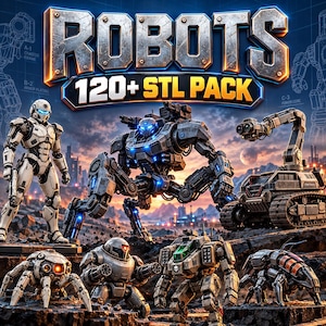 Peut inclure: Une collection numérique intitulée ROBOTS 120+ STL PACK présentant divers personnages mécaniques, dont un robot humanoïde, un marcheur multi-pattes, un véhicule à chenilles étiqueté EXPLORER-X et plusieurs petites unités robotiques.