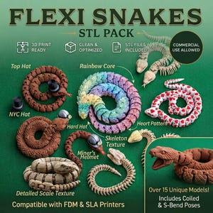 May include: A collection of 3D printed flexi snake models in various colors and textures, including a rainbow gradient snake, a white snake with red hearts, a skeleton snake, and brown snakes wearing accessories like a top hat and miner's helmet.