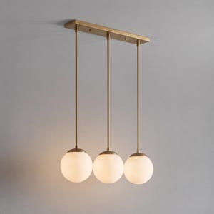 3 Light Globe Pendant Chandelier, Modern Brass Linear Light, Opal Glass Dining Table Light, Mid Century Hanging Fixture