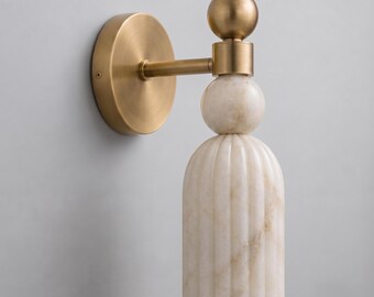 Alabaster Wall Sconce Brass, Modern Wall Light, Fluted Stone Shade, Bedroom Sconce, Bathroom Vanity Light, Organic Modern Lighting
