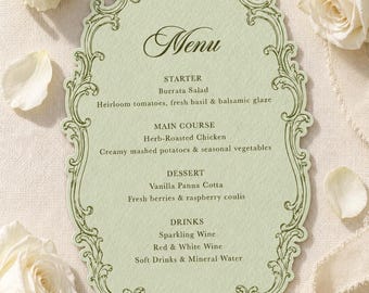 Menu de mariage rococo SVG, carte de menu vert sauge, à imprimer et découper avec Cricut (téléchargement numérique)