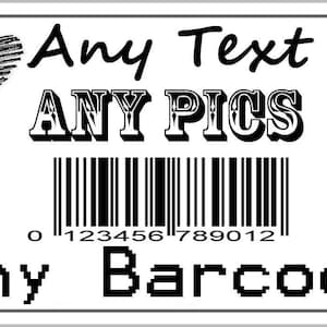 Op de afbeelding: Een rechthoekig wit label met zwarte afbeeldingen, waaronder het silhouet van een koppel, een hart, een oog en een hand die een potlood vasthoudt. De tekst luidt Any Text, ANY PICS en Any Barcodes, met een streepjescode en rode tekst x1000.