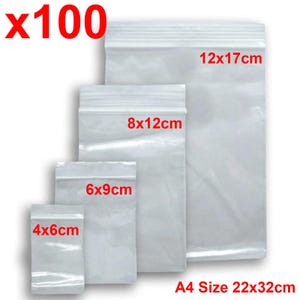 May include: A set of 100 clear plastic resealable bags in various sizes, including 4x6cm, 6x9cm, 8x12cm, 12x17cm, and 22x32cm. Each bag features a press-to-close zipper seal at the top, and the dimensions are printed in red text on each bag.