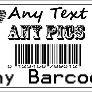 Könnte beinhalten: Ein rechteckiges weißes Etikett mit schwarzen Grafiken, darunter die Silhouette eines Paares, ein Herz, ein Auge und eine Hand, die einen Stift hält. Der Text lautet Any Text, ANY PICS und Any Barcodes, mit Strichcode und rotem Text 200pc.
