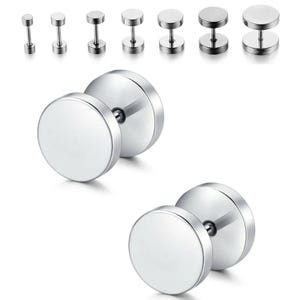 May include: A set of seven silver-toned circular stud earrings with a smooth, polished finish. The earrings feature a flat, round front face and a thin post, displayed in a row of increasing sizes from small to large, with two larger studs below.