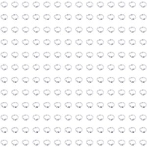 May include: A large collection of small, circular silver-toned metal split rings arranged in a uniform grid pattern. Each individual ring features a double-loop coil design, commonly used as a connector for jewellery making or keychains.