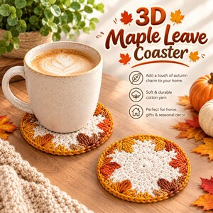 May include: Two round crochet coasters featuring a central white star pattern surrounded by orange, yellow, and brown maple leaf motifs. One coaster supports a speckled ceramic mug filled with coffee, while the other lies flat nearby.