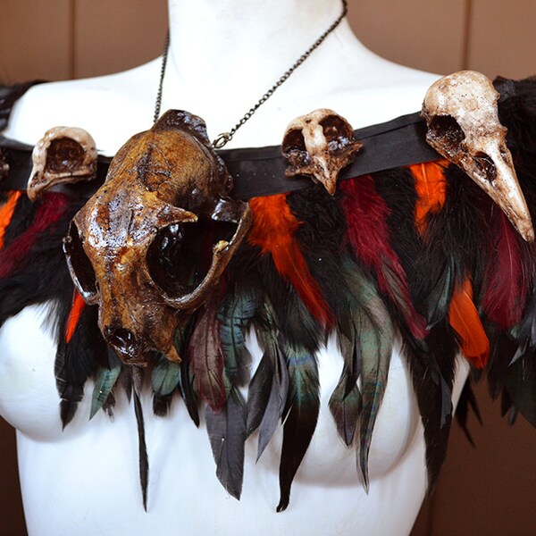 Animal-friendly Voodoo inspired Feathered Faux Cat skull collar  Mortiis.M