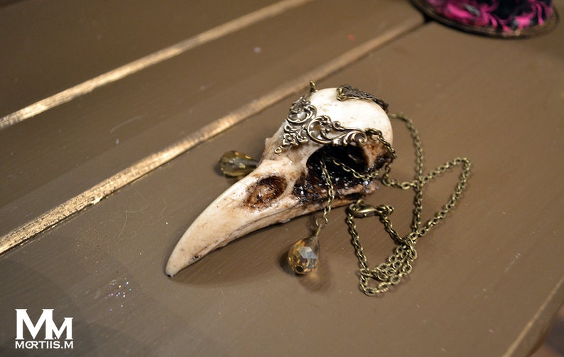Animal-friendly WarriorCrow crow skull necklace pendant with Champagne crystal by Mortiis.M