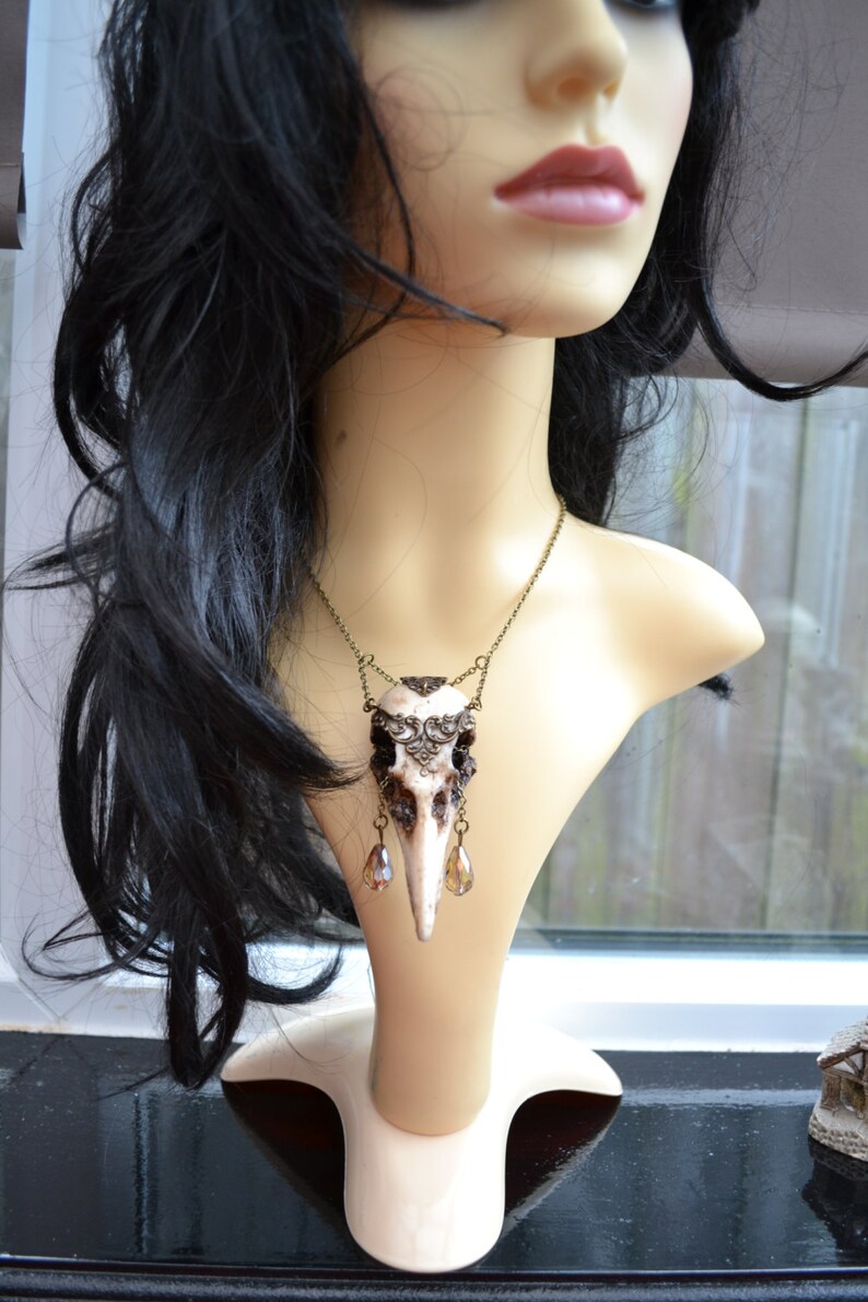 Animal-friendly WarriorCrow crow skull necklace pendant with Champagne crystal by Mortiis.M