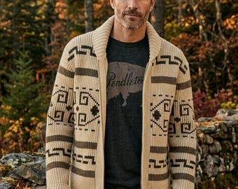 Vintage-Strickjacke für Herren mit geometrischem Muster und Reißverschluss, Strickjacke im Südwest-Aztekenstil mit Schalkragen