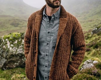 Gilet cardigan homme en grosse maille douillette, pull en laine chaud à col châle, vêtement d'hiver boutonné, tendance automne, cadeau unique pour un mari