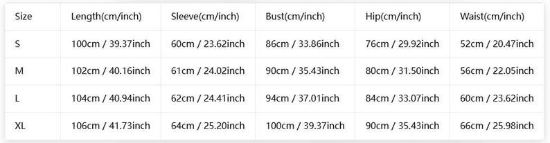 May include: A white size chart table with black text listing measurements for sizes S, M, L, and XL. Columns include Length, Sleeve, Bust, Hip, and Waist, providing values in both centimeters and inches for each garment size category.