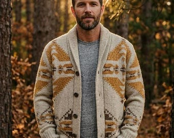 Men's Chunky Knit Shawl Collar Cardigan, Southwestern Aztec Tribal Pattern, Cozy Boho Jacket