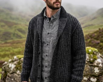 Cozy Chunky Knit Cardigan Men, Warm Shawl Collar Wool Sweater, Button Up Winter Outwear, Aesthetic Fall Fashion, Unique Gift for Husband