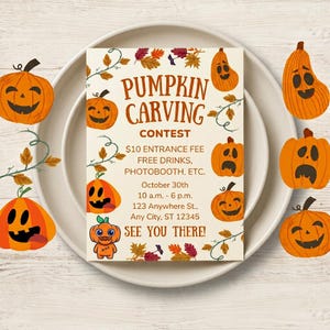 May include: A rectangular invitation card for a Pumpkin Carving Contest featuring orange jack-o'-lanterns and autumn leaves. The text reads: PUMPKIN CARVING CONTEST, £10 ENTRANCE FEE, FREE DRINKS, PHOTOBOOTH, ETC., October 30th, 10 a.m. - 6 p.m., 123 Anywhere St., Any City, ST 12345, SEE YOU THERE!